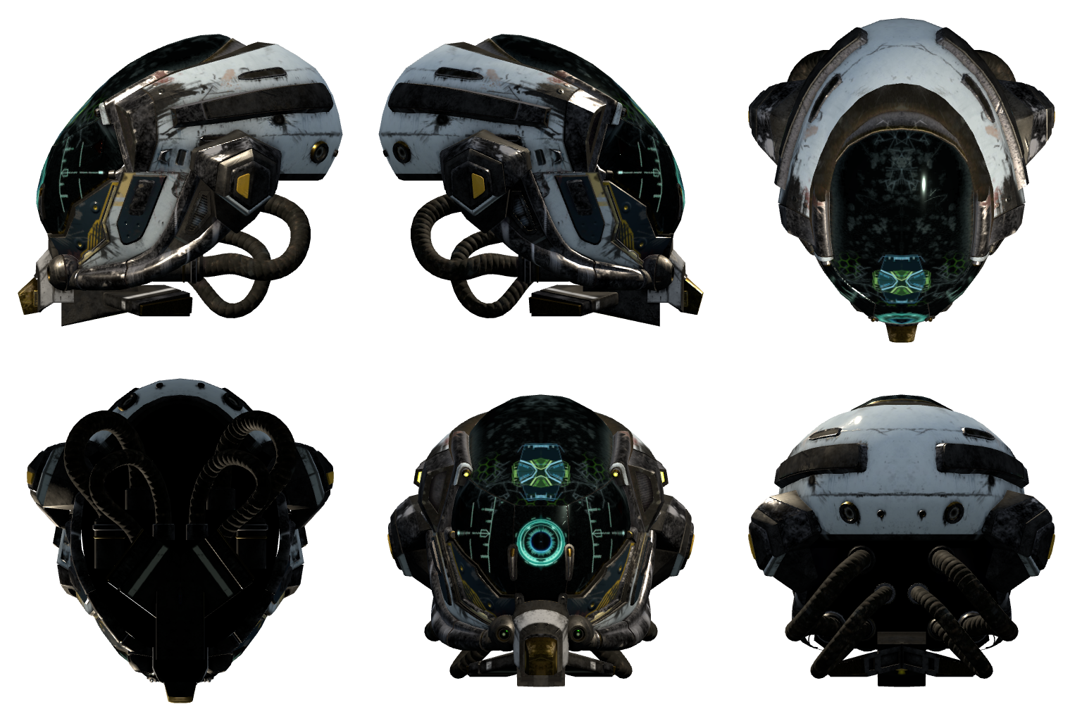 Six orthographic renders of the Damaged Helmet model packed into an atlas.